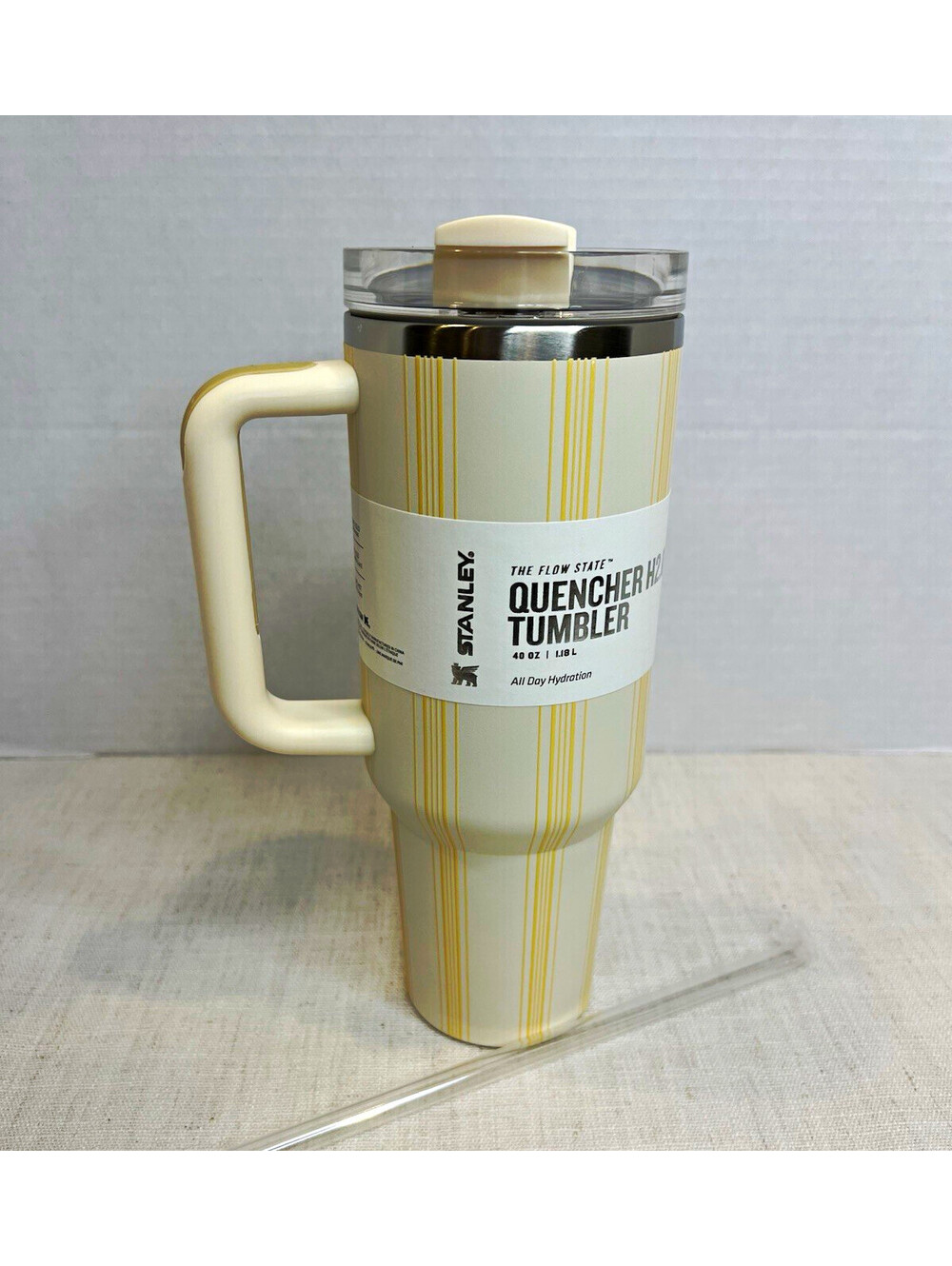 Stanley Quencher H2.0 FlowState 40 oz Cream/Yellow Striped w/ Handle Lid Straw